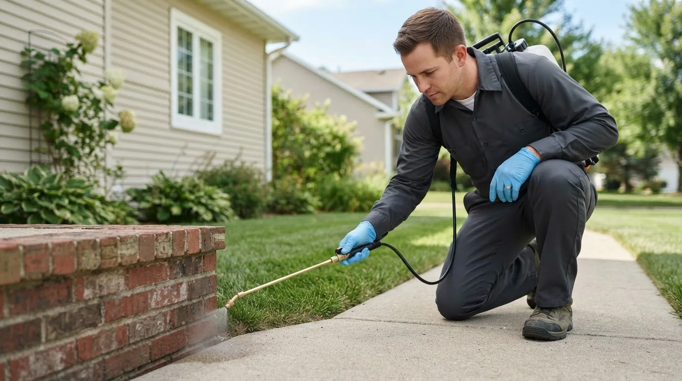 Pest control technician treating a home near Cohoctah, MI