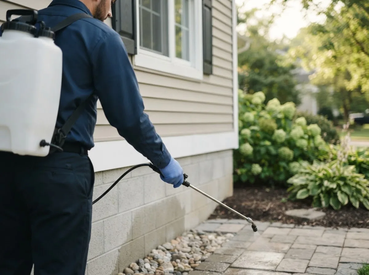 Pest control technician inspecting a home in Cohoctah, MI